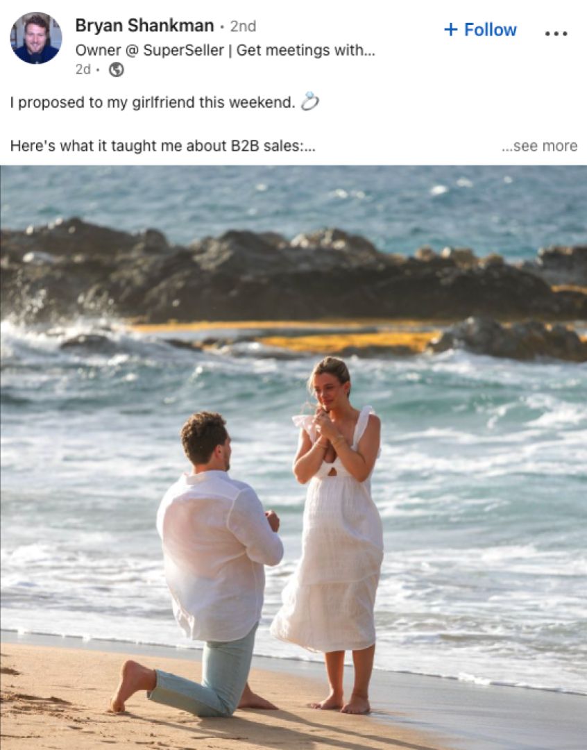 Screenshot of a LinkedIn post with a photo of a marriage proposal on a beach and the caption 'I proposed to my girlfriend this weekend. Here's what it taught me about B2B sales'