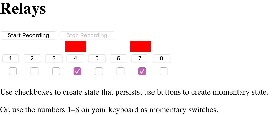 The relay control interface, with buttons and checkboxes.