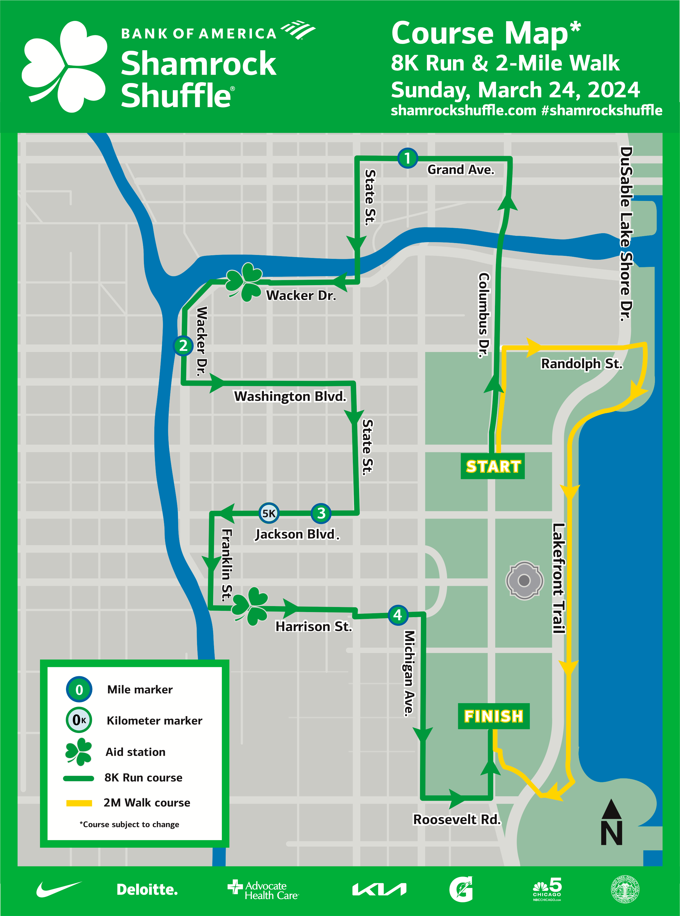 Shamrock Shuffle 2024 course map, showing the course starting in Grant Park, winding through River North, the Loop, and South Loop, before returning to Grant Park. The shape of the course has four prongs, vaguely evoking a four-leaf clover.