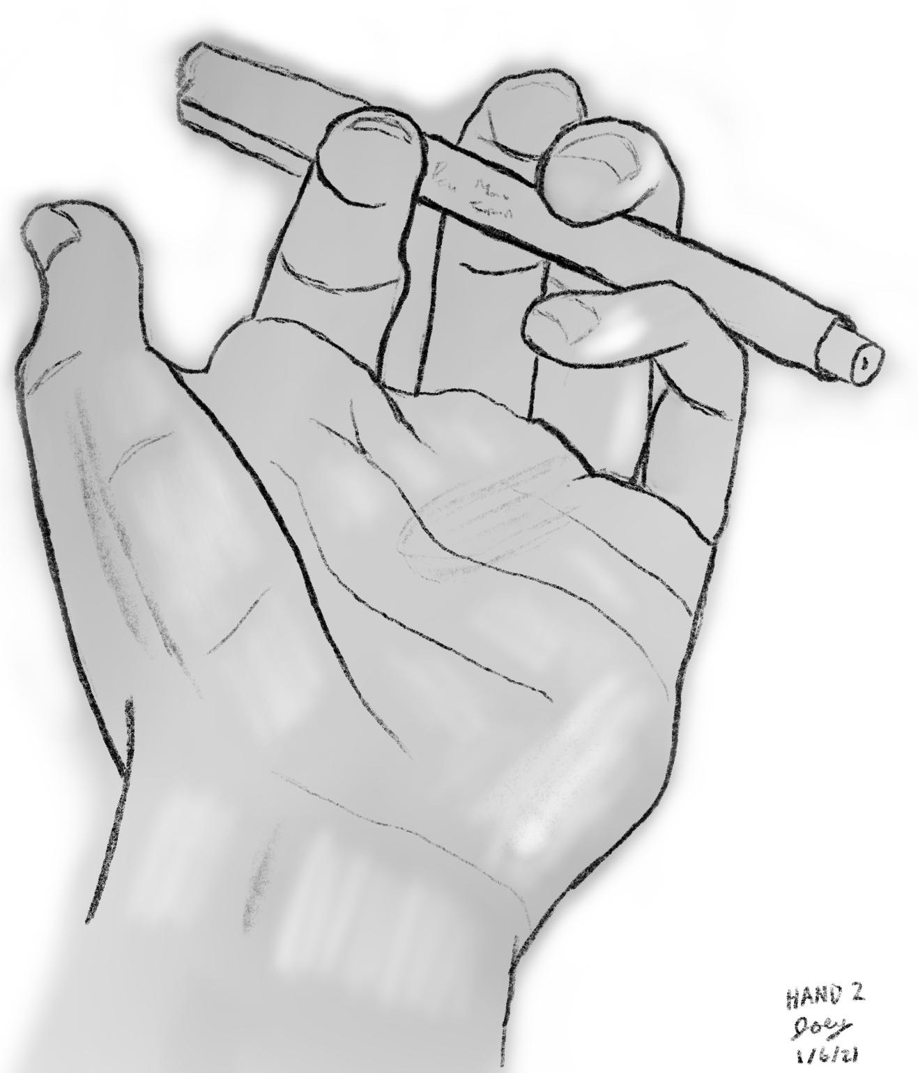 A drawing of the palm of a left hand, fingers pointing towards the viewer. The fingers are holding a pen.