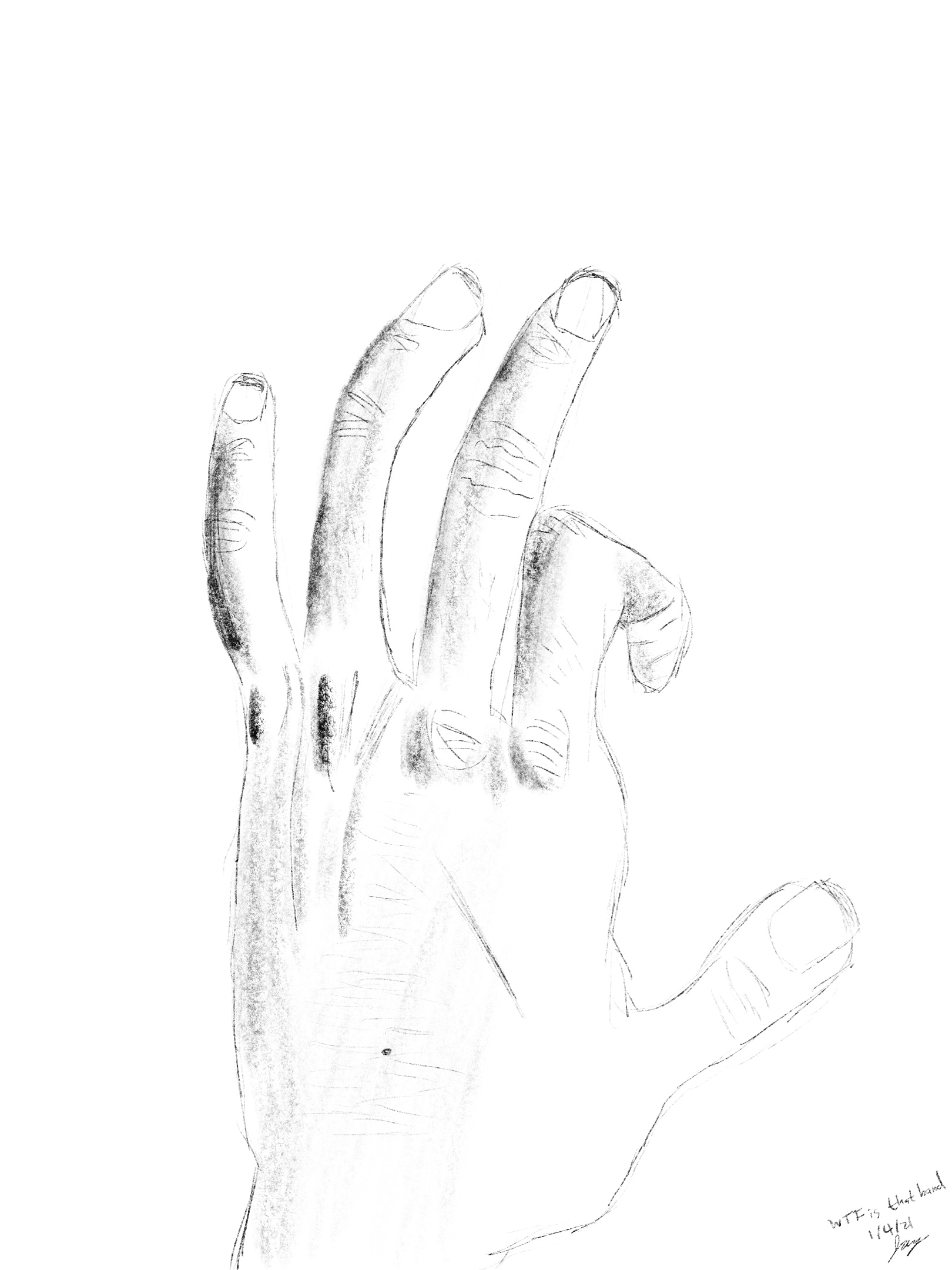 A drawing of the back of a left hand, resting on top of a surface. The fingers don't have the correct shape or proportion, and the shading looks odd.