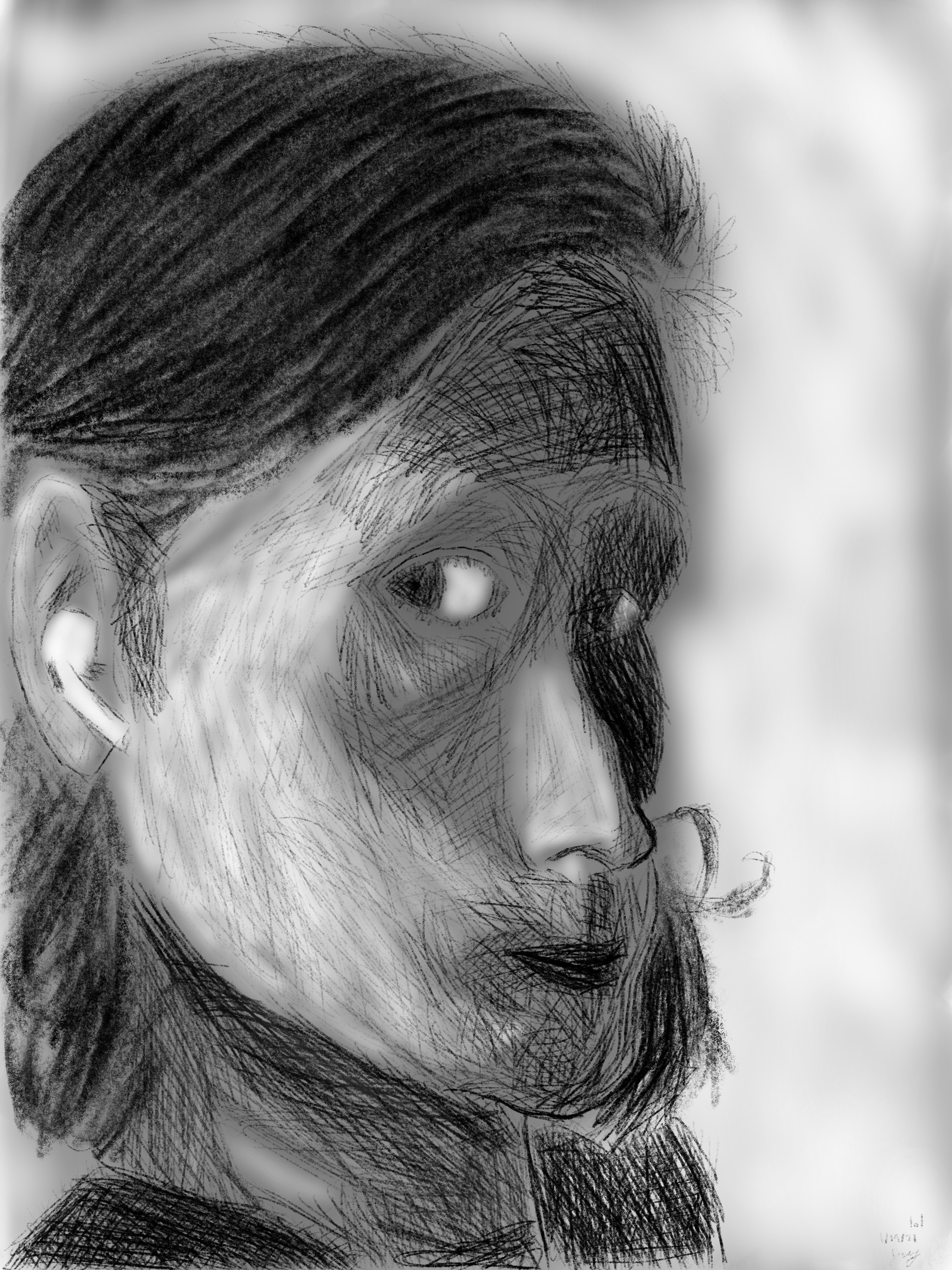A face, with one side in dark shadow. The proportions are odd.
